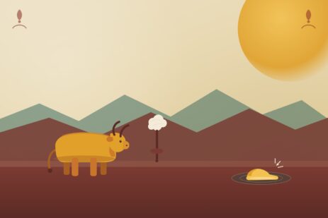 Cover image for The Yellow Ox folk tale — a yellow ox, a spindle, and a golden shoe glinting in water