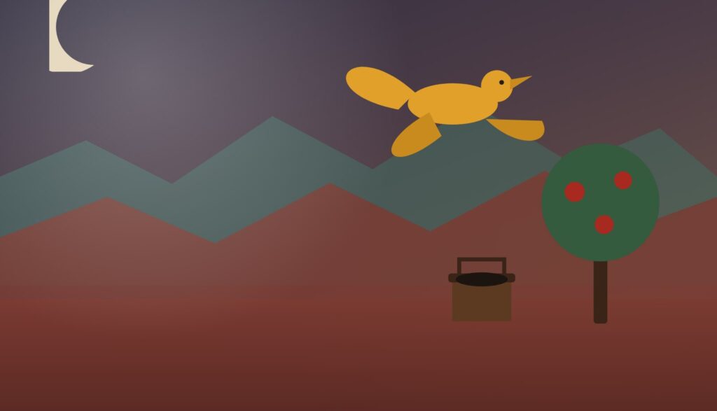 The Anka Bird - a Khorasan folk tale: a great bird in flight by night, a pomegranate tree and a well